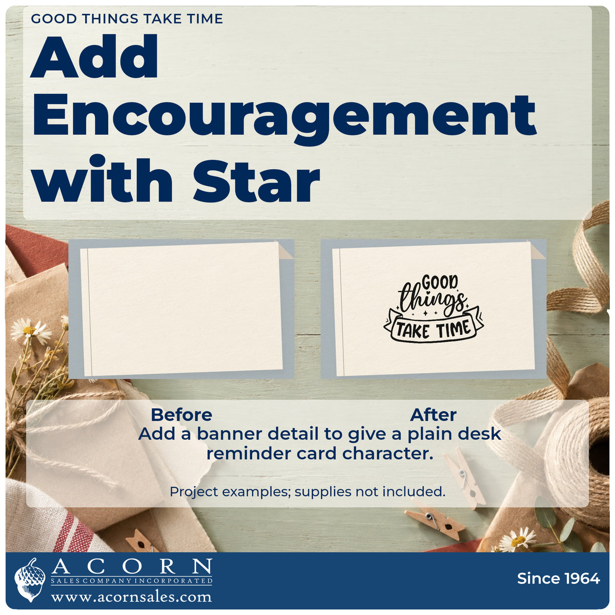 Before and after of a plain item finished with the Good Things Take Time Sparkle Accents Rubber Stamp – Wood Handle, a quick upgrade for framed aging cave.