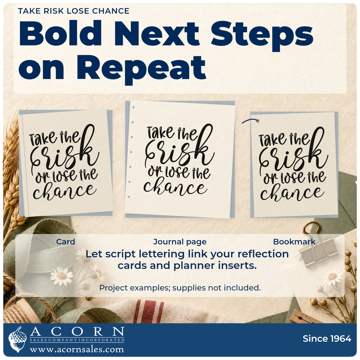 Three project examples made with the Take Risk Lose Chance Pre-Inked Stamp – PSI, including menu plan sheet.