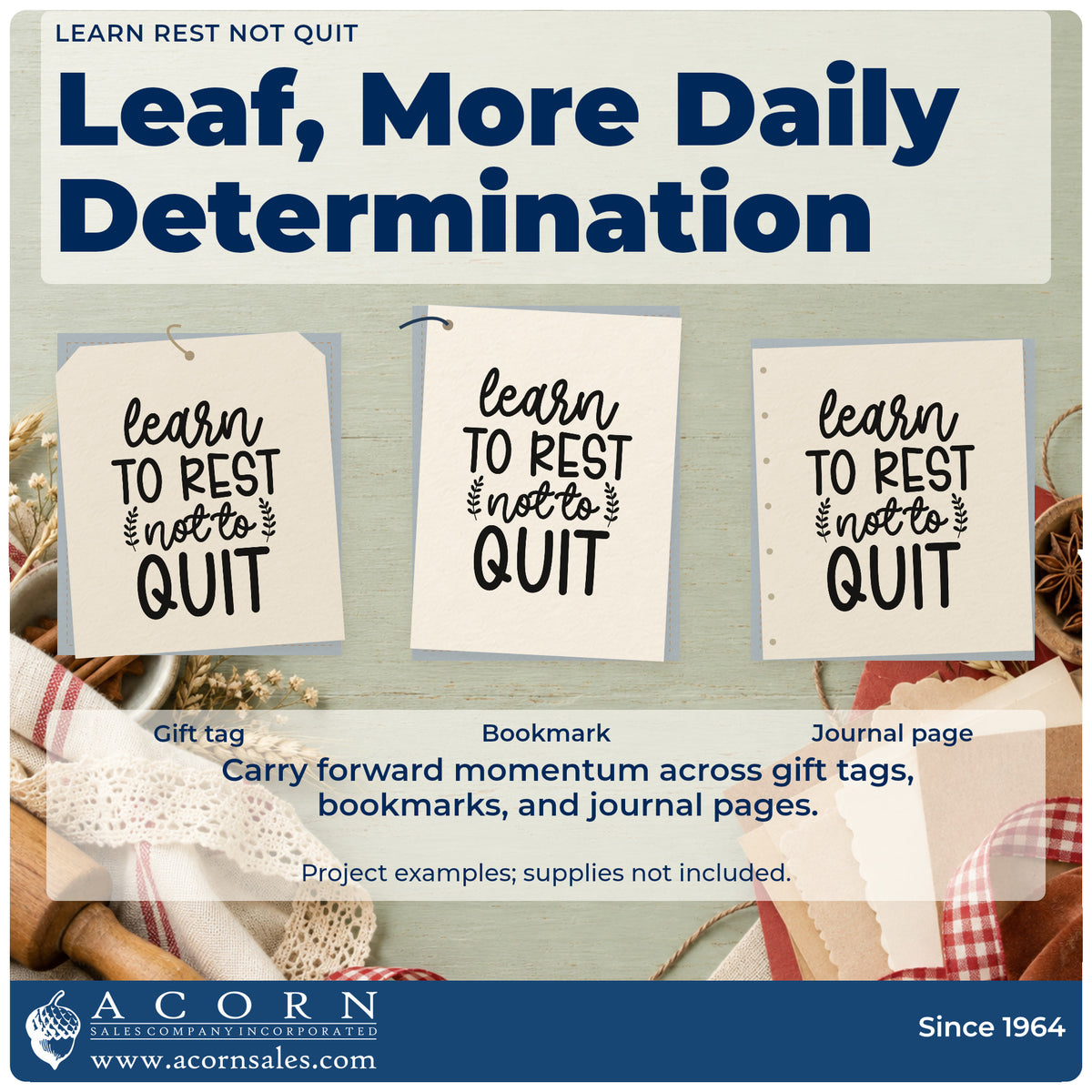 Three project examples made with the Learn Rest Not Quit Rubber Stamp – Duo Hand, including repair task sheet.