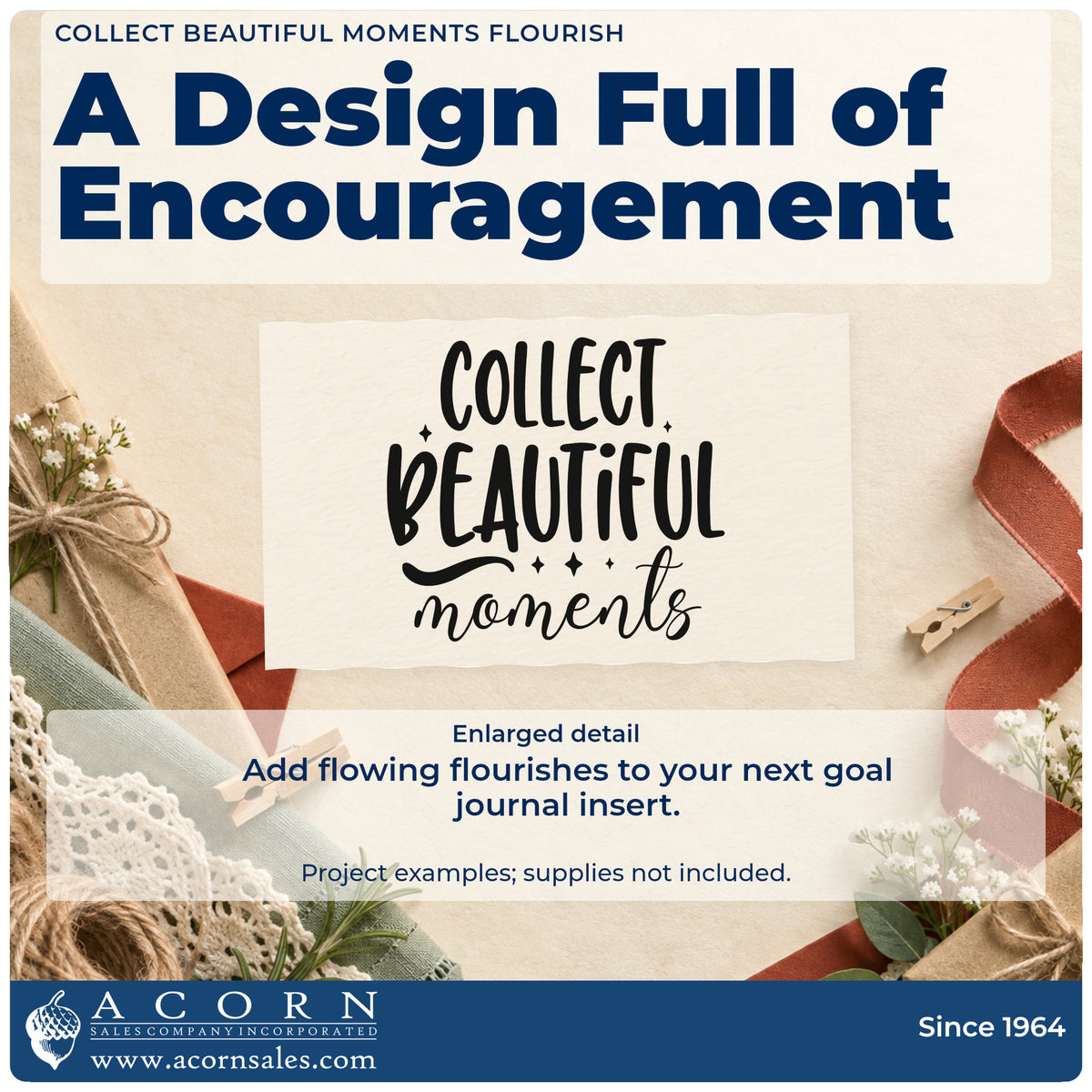 Enlarged detail of the Collect Beautiful Moments Flourish Wood Handle Stamp imprint. COLLECT BEAUTIFUL moments appears with a flourish and small diamond accents.