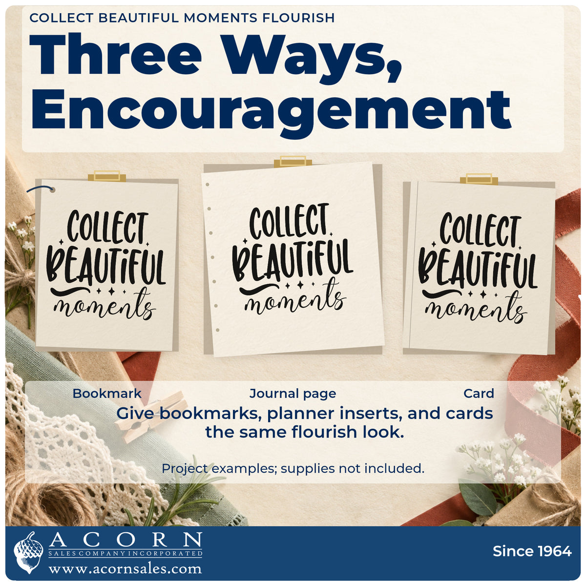 Three project examples made with the Slim Pre-Inked Collect Beautiful Moments Flourish Stamp, including tide log sheet.