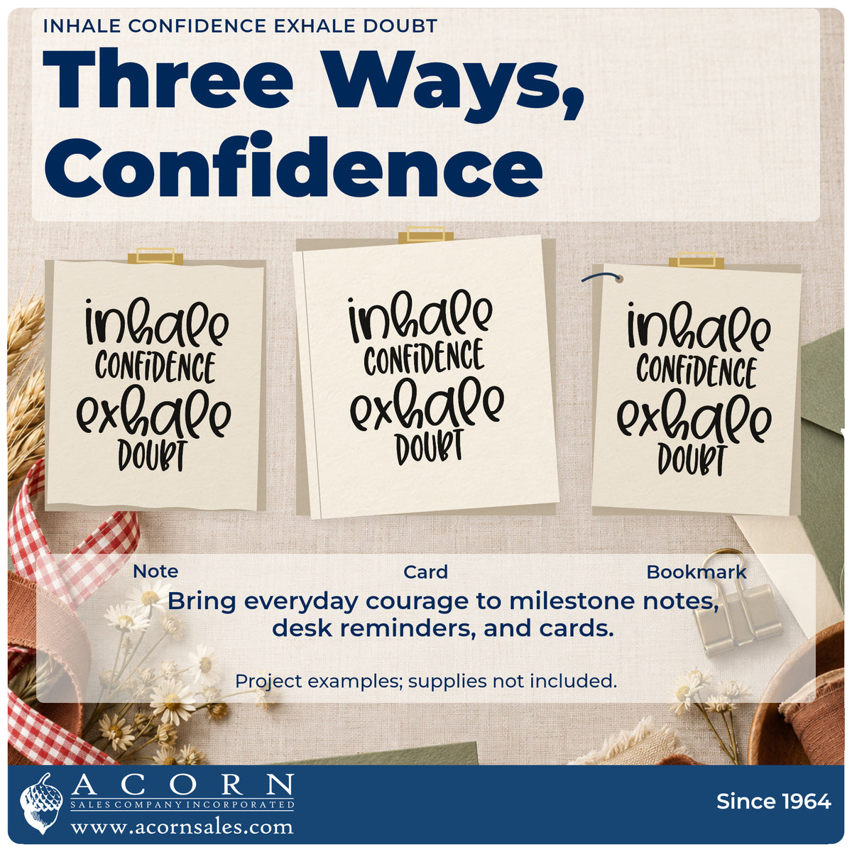 Three project examples made with the Inhale Confidence Exhale Doubt Slim Pre-Inked Stamp, including dive list sheet.