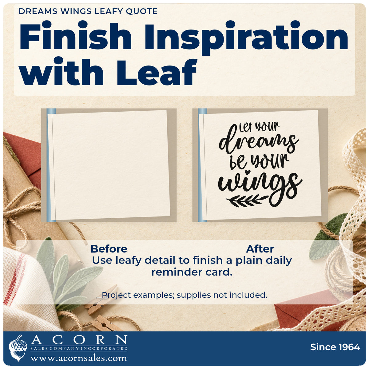 Before and after of a plain item finished with the Wood Handle Dreams Wings Leafy Word Art Rubber Stamp, a quick upgrade for framed loft door.