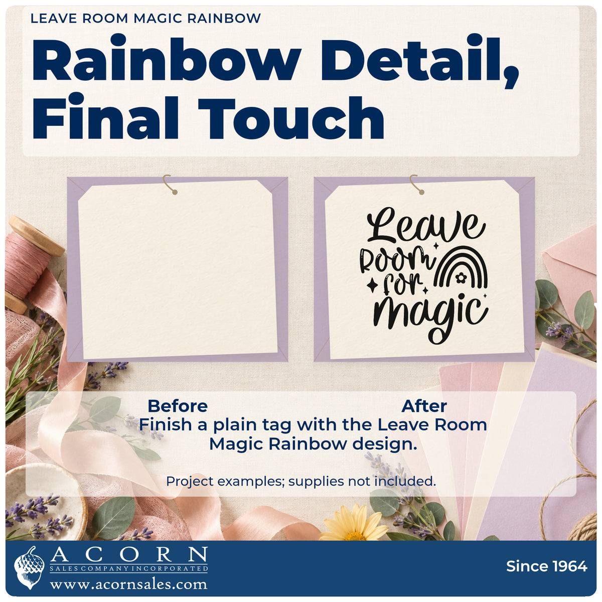 Before and after of a plain item finished with the Leave Room Magic Rainbow Floral Accents Rubber Stamp – Wood Handle, a quick upgrade for framed breakfast nook.
