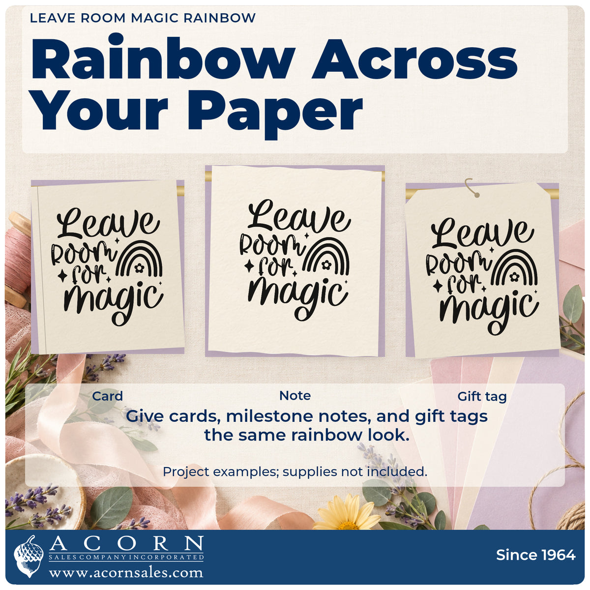 Three project examples made with the Leave Room Magic Rainbow Floral Accents Hand Stamp – Duo, including morning plan sheet.