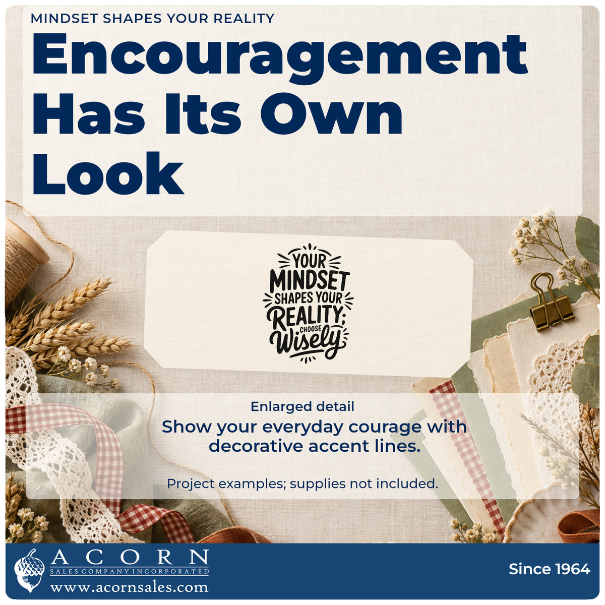 Enlarged detail of the Mindset Shapes Your Reality PSI Pre-Inked Stamp imprint. YOUR MINDSET SHAPES YOUR REALITY CHOOSE Wisely appears with radiating accent strokes.
