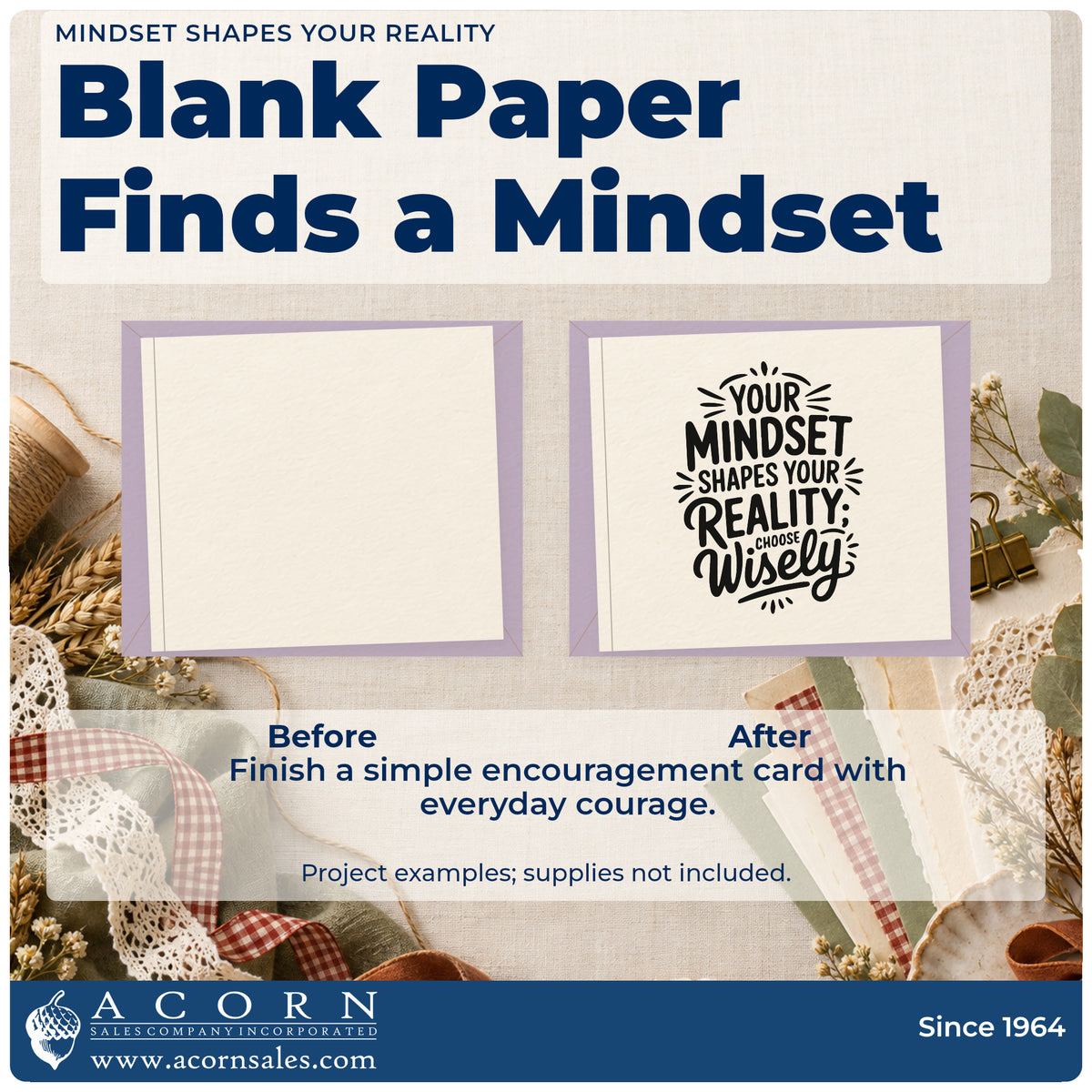 Before and after of a plain item finished with the Mindset Shapes Your Reality Self-Inking Stamp, a quick upgrade for framed prep room.