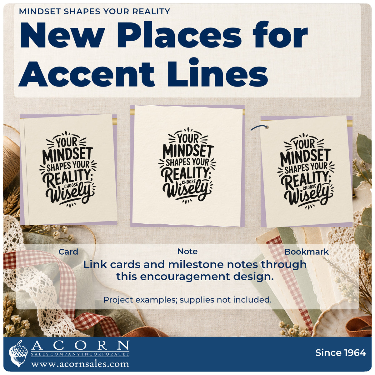 Three project examples made with the Mindset Shapes Your Reality Rubber Stamp – Duo Hand, including round result sheet.