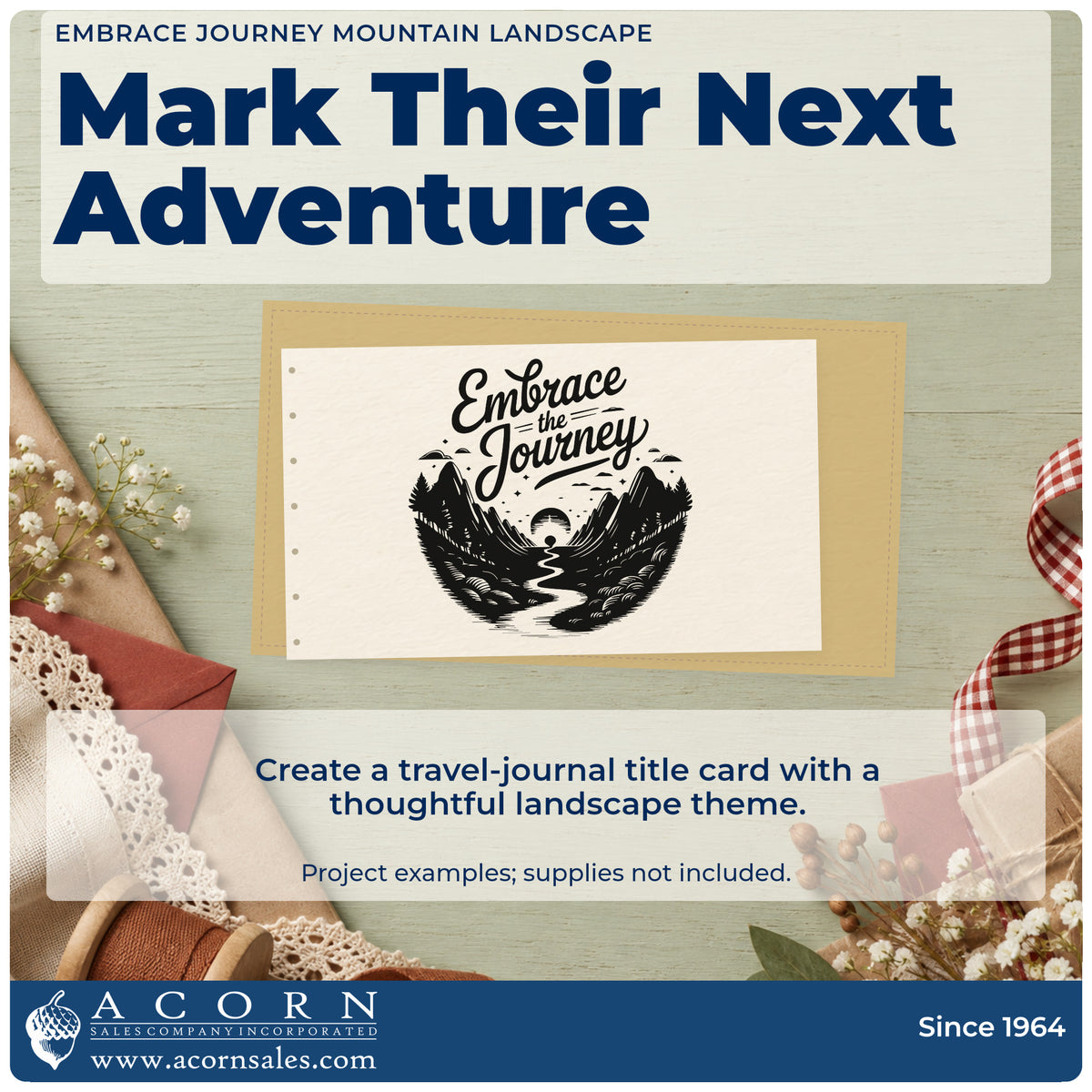 A finished handmade project stamped with the Embrace Journey Mountain Landscape Tree Motif Stamp – Self-Inking, ideal for park trip album page.