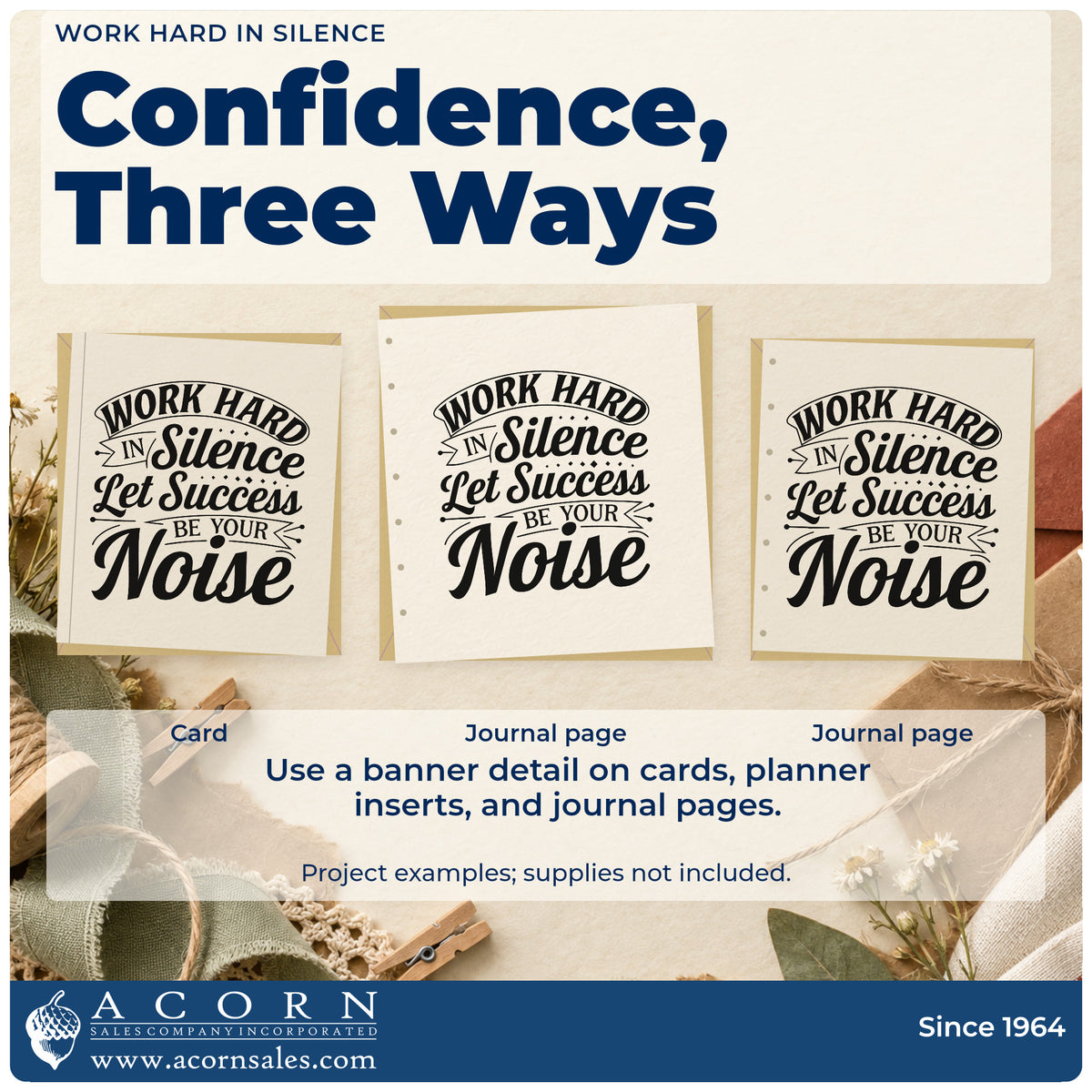 Three project examples made with the Slim Pre-Inked Work Hard In Silence Stamp, including service log sheet.