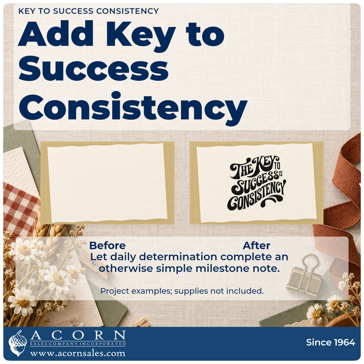 Before and after of a plain item finished with the Premium Wooden The Key To Success Is Consistency Stamp – Vintage Pro, a quick upgrade for framed home desk.