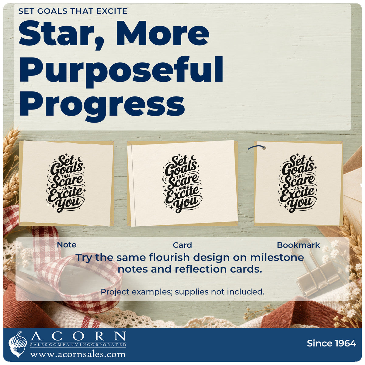 Three project examples made with the Self-Inking Set Goals That Excite Stamp, including install task sheet.