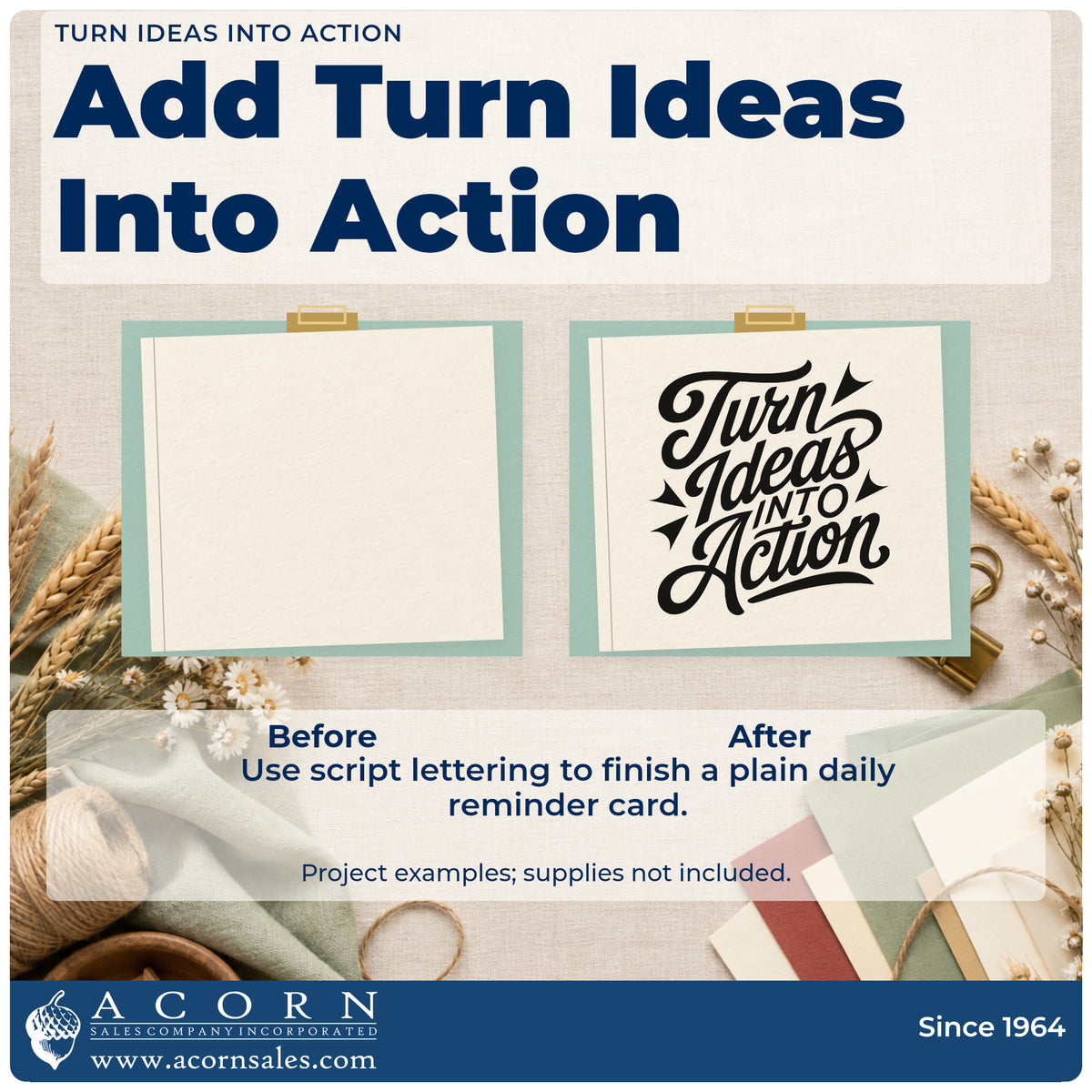 Before and after of a plain item finished with the Vintage Pro Turn Ideas Into Action Premium Wooden Stamp, a quick upgrade for framed meeting hall.