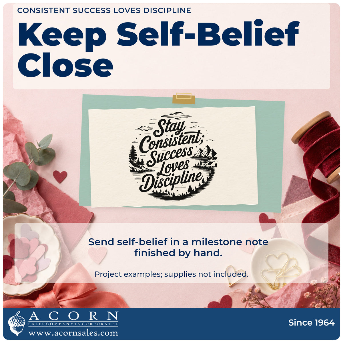 A finished handmade project stamped with the Stay Consistent Success Loves Discipline Rubber Stamp – Wood Handle, ideal for slope season album page.