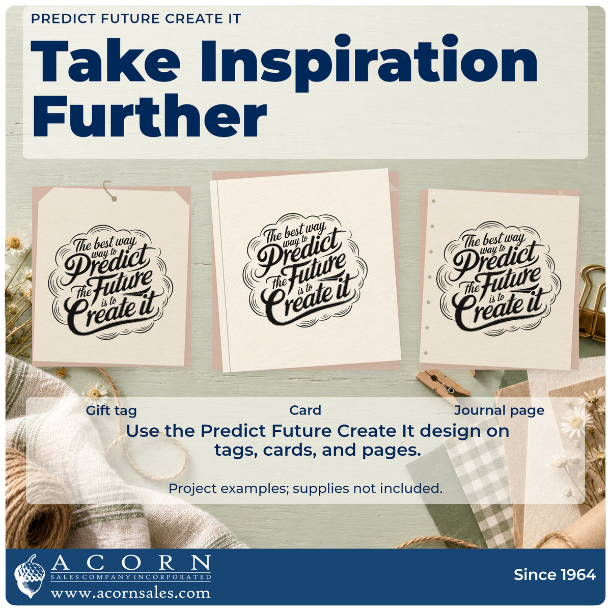 Three project examples made with the Predict Future Create It Outline Detail Duo Hand Stamp, including story assign sheet.