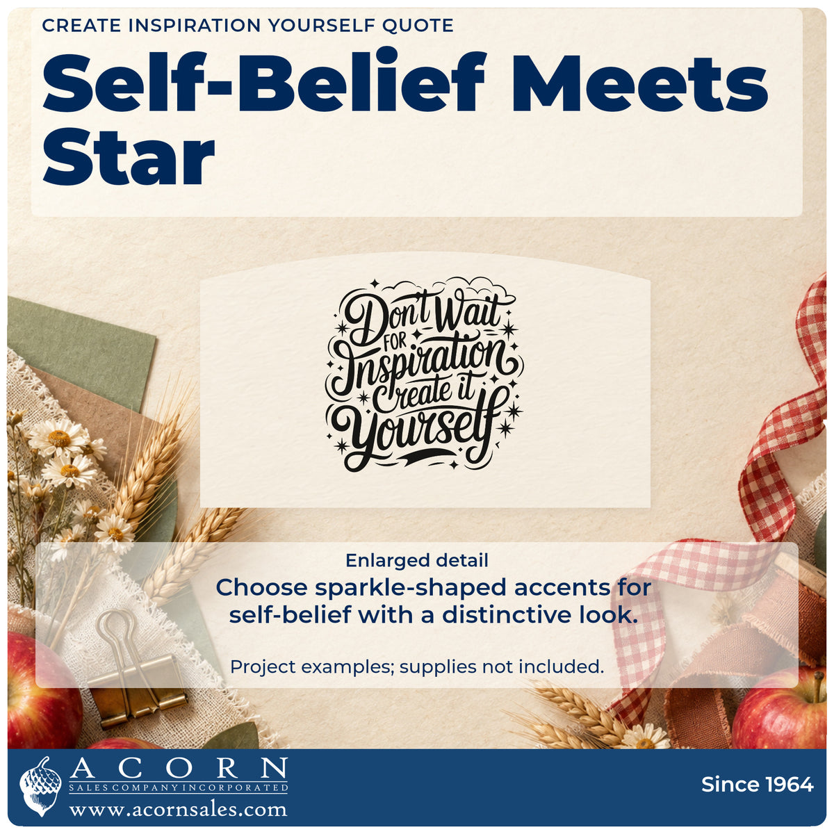 Enlarged detail of the Create Inspiration Yourself Quote Premium Wooden Stamp – Vintage Pro imprint. Don't Wait FOR Inspiration Create it Yourself appears with sparkles, curved flourishes, and a cloud.