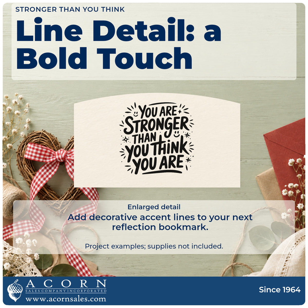 Enlarged detail of the Vintage Pro Stronger Than You Think With Stars Premium Wooden Stamp imprint. YOU ARE STRONGER THAN YOU THINK YOU ARE appears in bold hand lettering surrounded by stars and accent strokes.