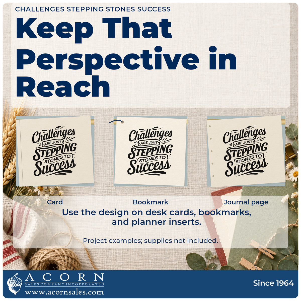 Three project examples made with the Challenges Stepping Stones Success Stamp – PSI Pre-Inked, including course plan sheet.