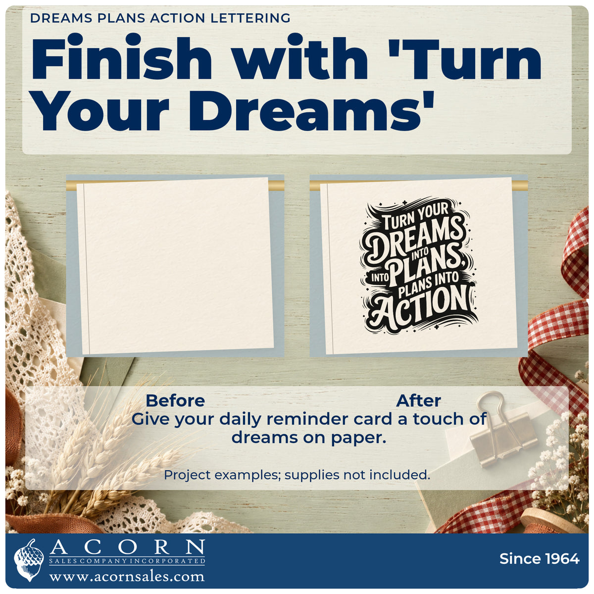 Before and after of a plain item finished with the Dreams Plans Action Ornate Lettering PSI Pre-Inked Stamp, a quick upgrade for framed agency desk.