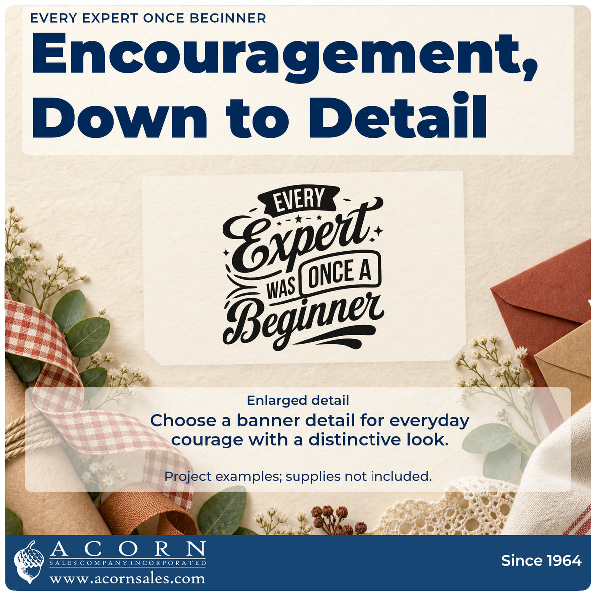 Enlarged detail of the Every Expert Once Beginner Premium Wood-Mounted Stamp – Vintage Pro imprint. EVERY Expert WAS ONCE A Beginner appears with banners and sweeping decorative lettering.