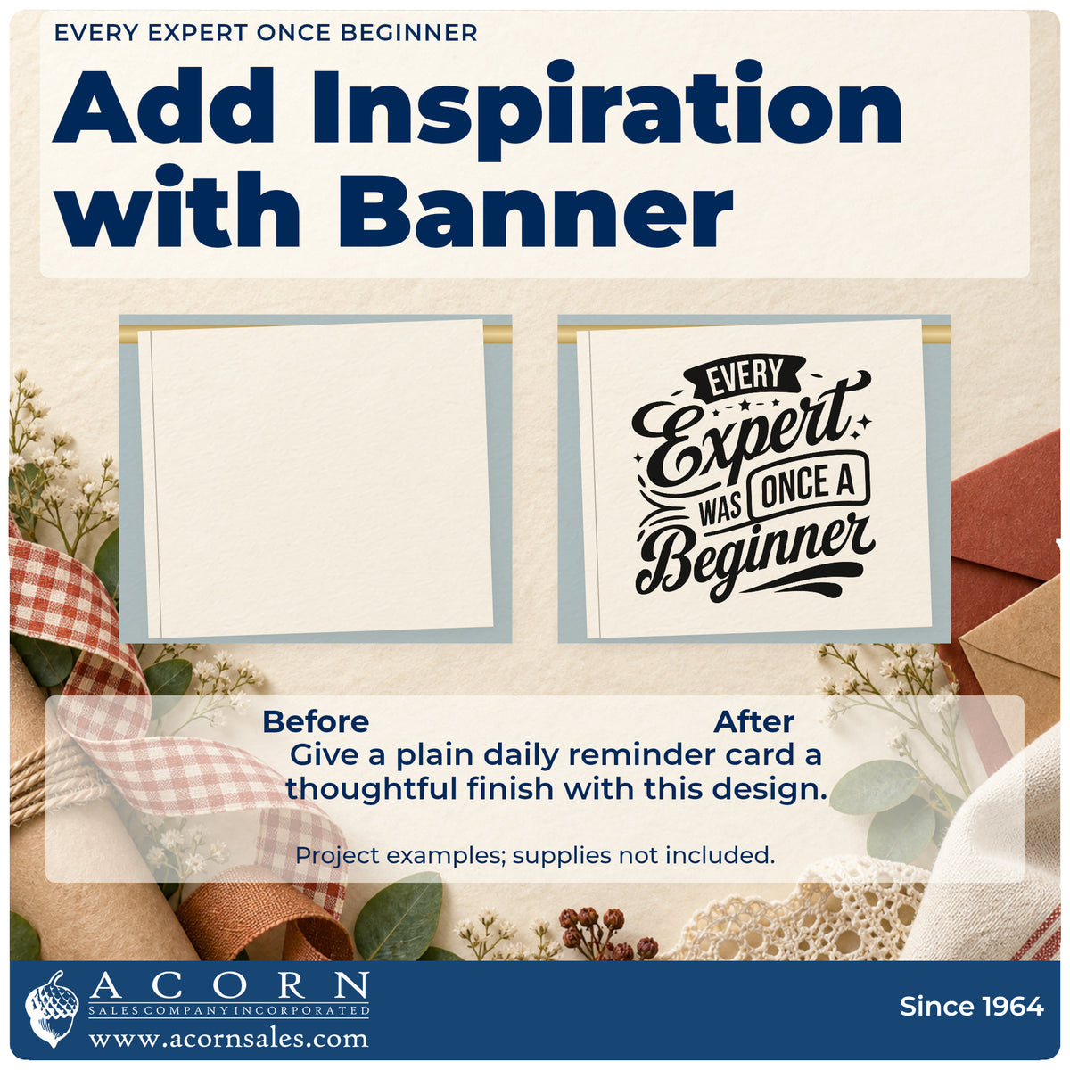 Before and after of a plain item finished with the Every Expert Once Beginner Self-Inking Stamp, a quick upgrade for framed demo kitchen.