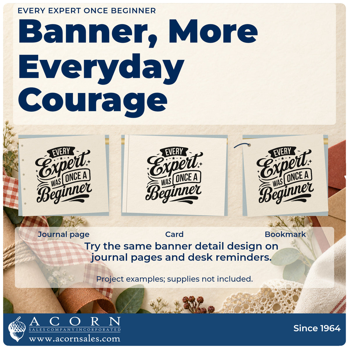Three project examples made with the Every Expert Once Beginner Pre-Inked Stamp – PSI, including skill step sheet.