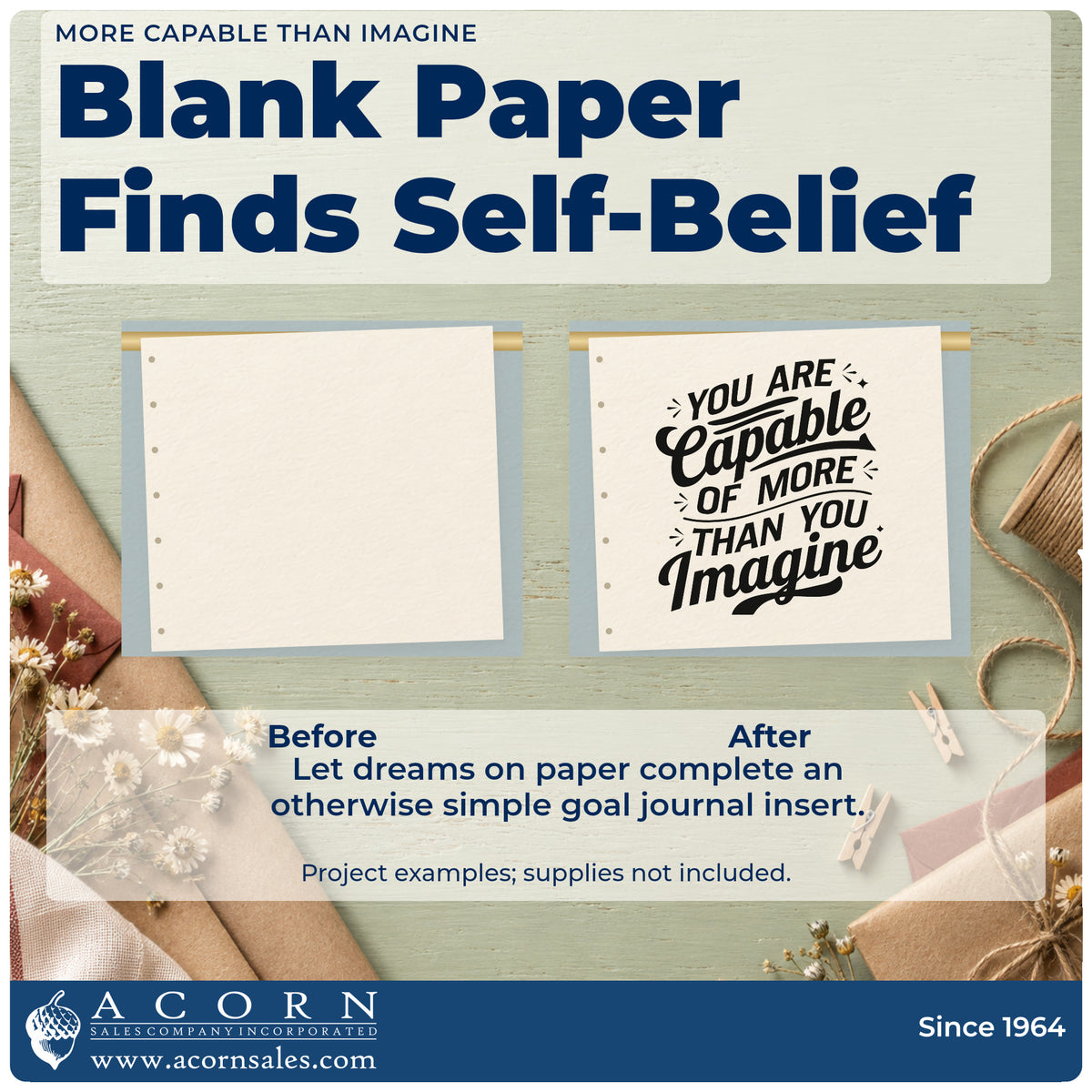 Before and after of a plain item finished with the More Capable Than Imagine Compact Pre-Inked Stamp – Slim, a quick upgrade for framed locker row.