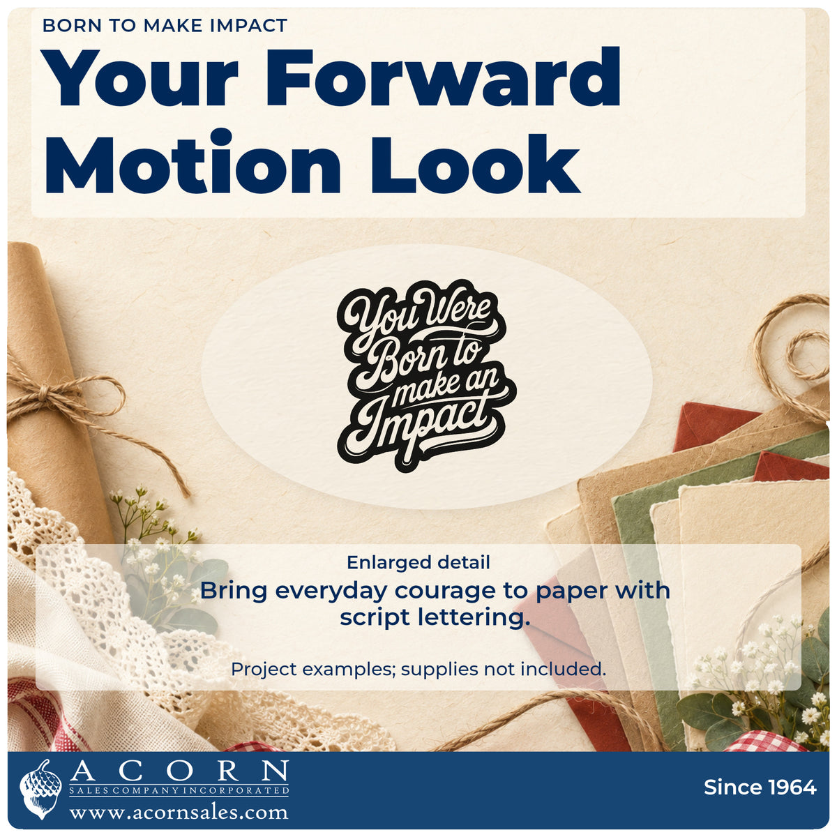 Enlarged detail of the Born To Make Impact Premium Wooden Stamp – Vintage Pro imprint. You Were Born to make an Impact appears in negative-space flowing script on a dark outline.