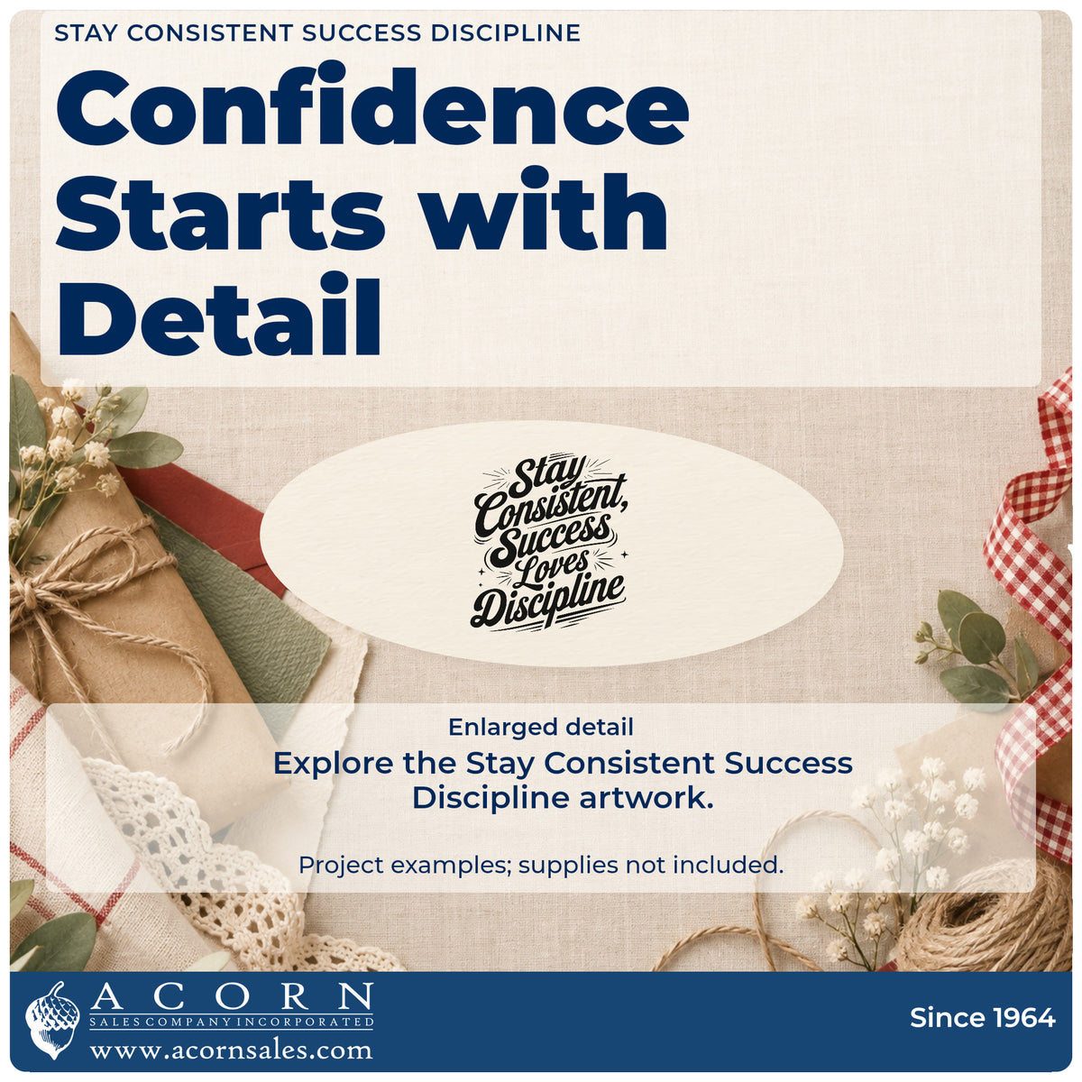 Enlarged detail of the Stay Consistent Success Loves Discipline Script Lettering Stamp – Self-Inking imprint. Stay Consistent Success Loves Discipline appears in flowing script with small radiating marks.
