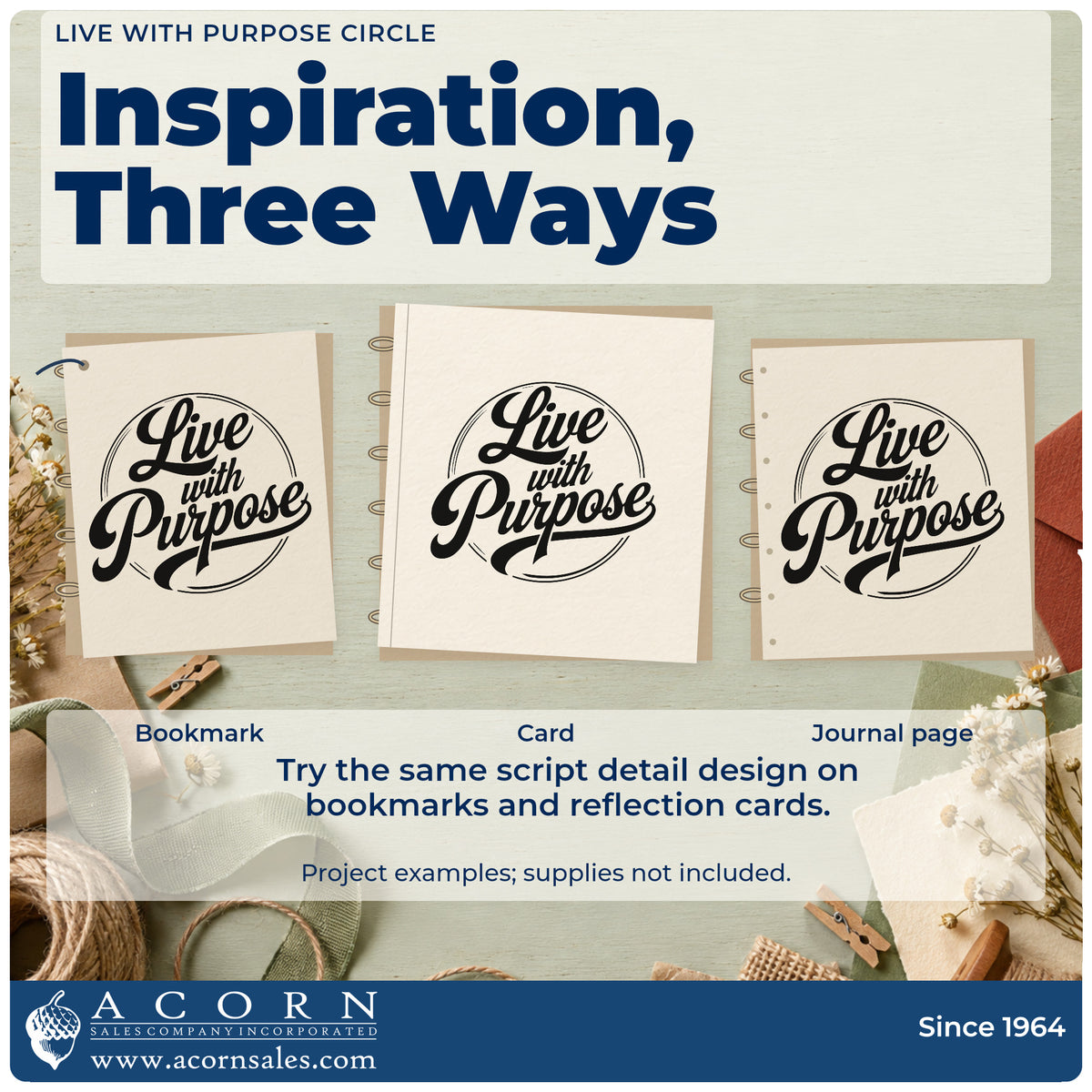 Three project examples made with the Live With Purpose Craft Stamp – Self-Inking, including usage log sheet.