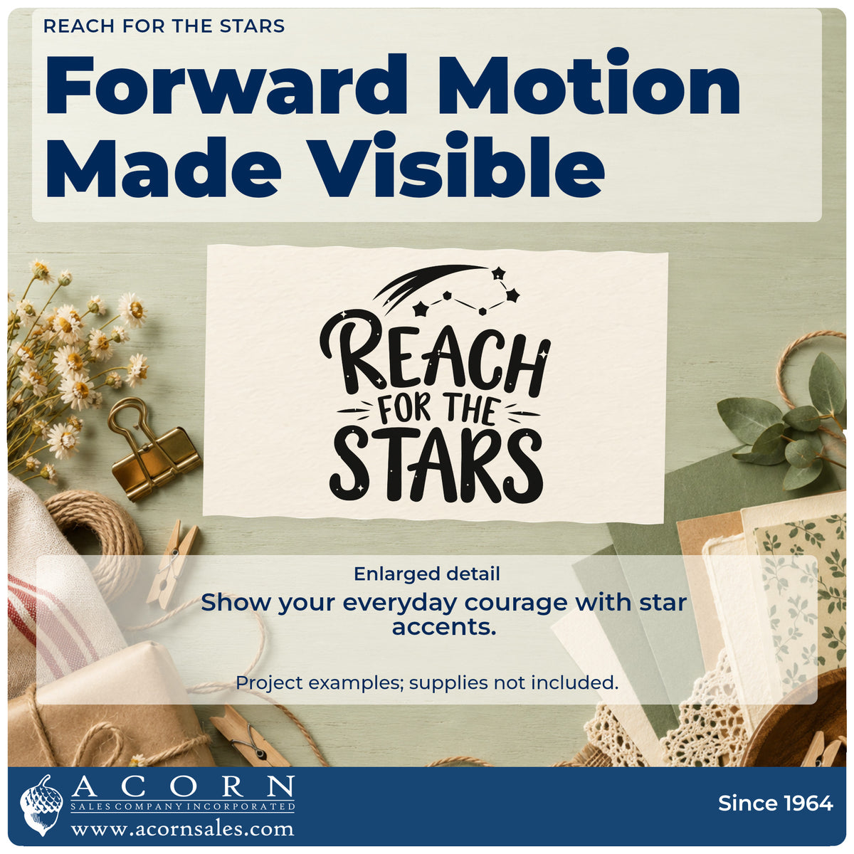 Enlarged detail of the Reach For The Stars Rubber Stamp – Duo Hand imprint. REACH FOR THE STARS appears below a shooting star and small constellation.