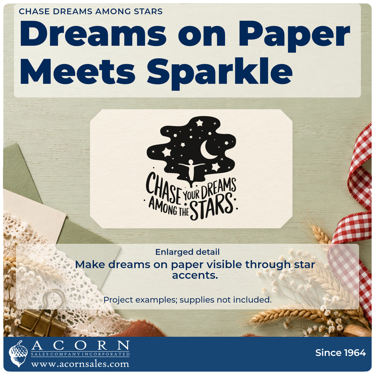 Enlarged detail of the Chase Dreams Among Stars PSI Pre-Inked Stamp imprint. A person reaches toward a crescent moon and stars above CHASE YOUR DREAMS AMONG THE STARS.