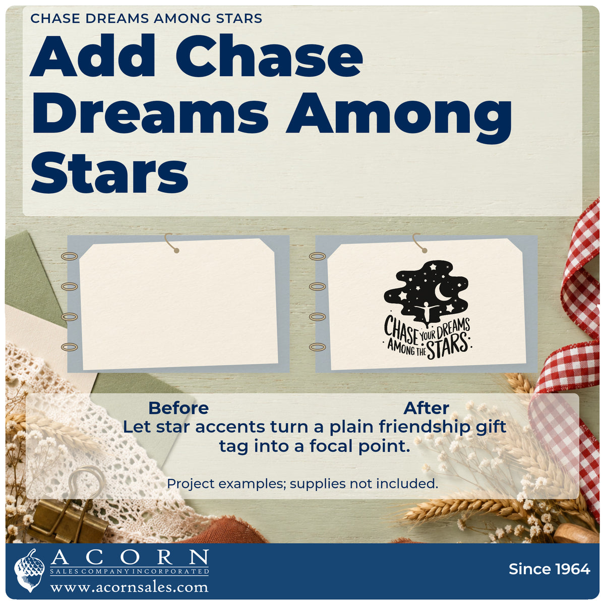 Before and after of a plain item finished with the Chase Dreams Among Stars PSI Pre-Inked Stamp, a quick upgrade for framed dark room.