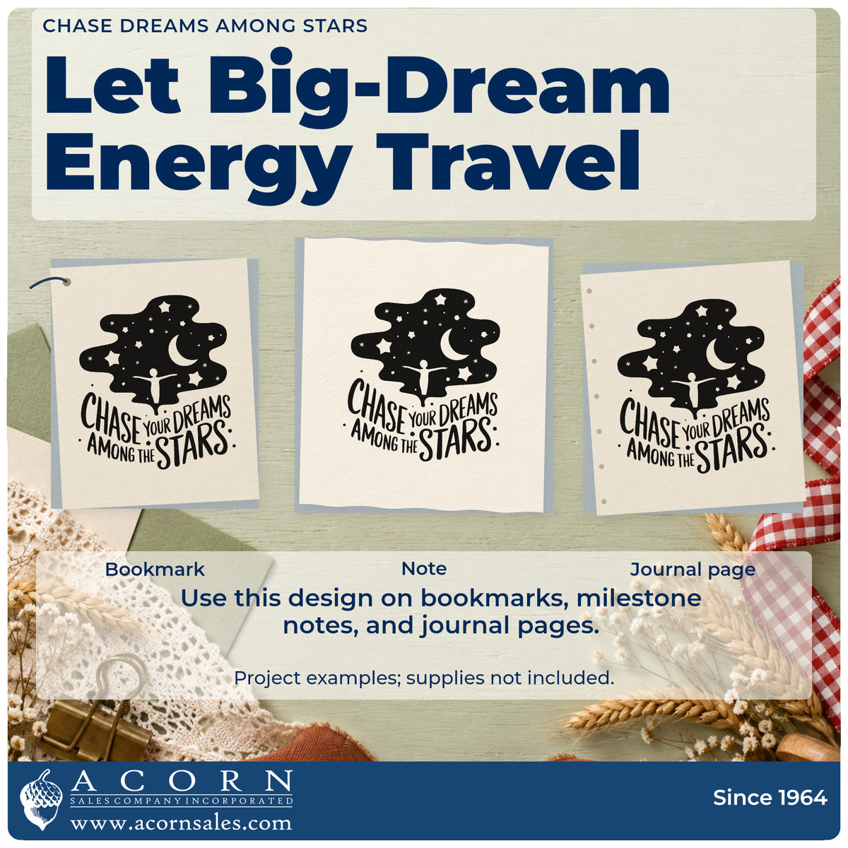 Three project examples made with the Chase Dreams Among Stars Rubber Stamp – Duo Hand, including session log sheet.