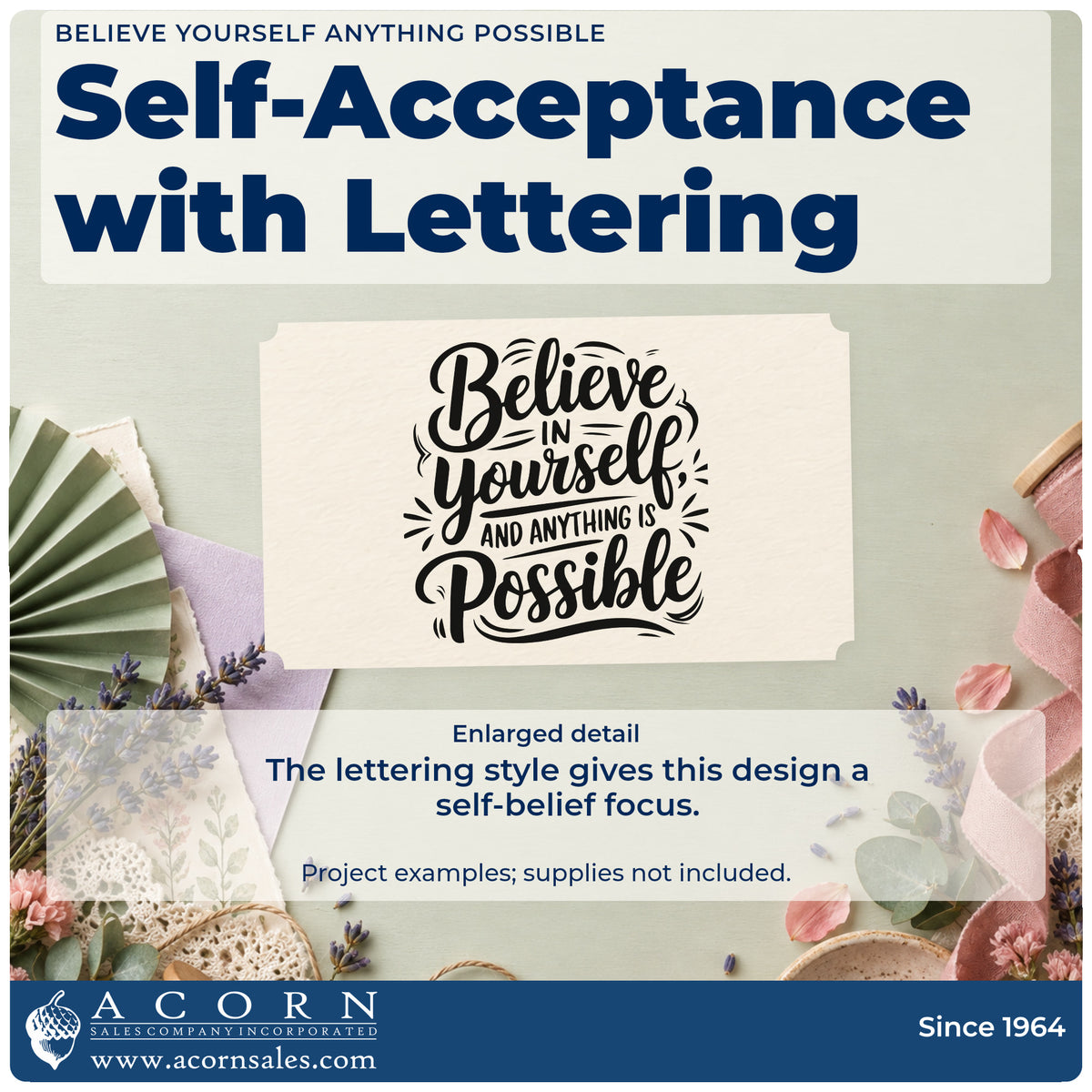 Enlarged detail of the Believe In Yourself And Anything Is Possible Duo Hand Stamp imprint. Believe IN yourself AND ANYTHING IS Possible appears in ornate lettering with radiating accents.
