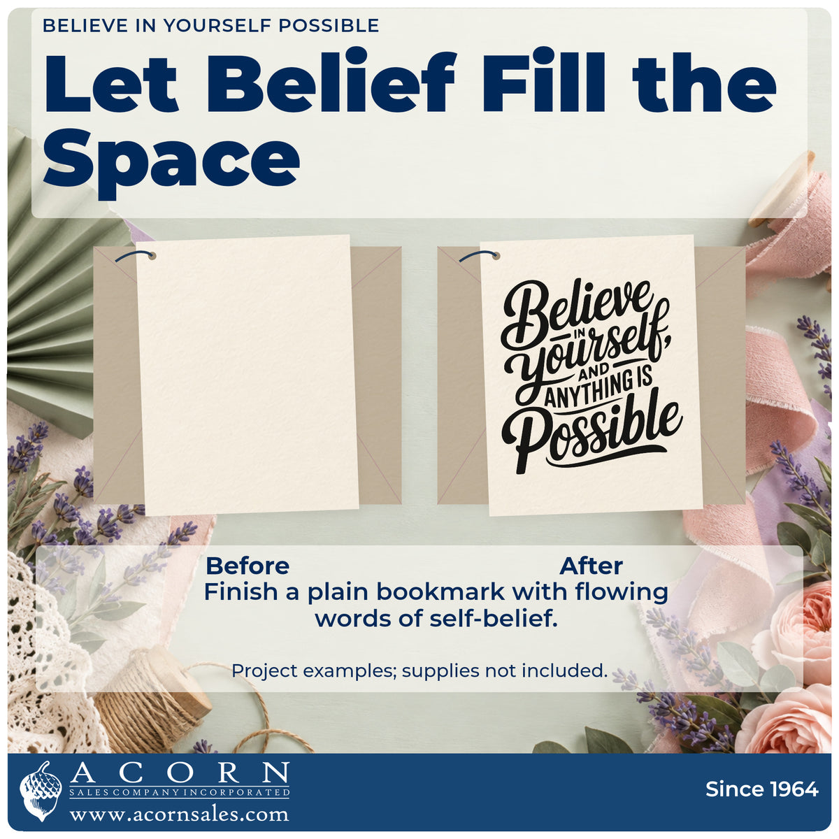 Before and after of a plain item finished with the Believe In Yourself Possible Self-Inking Craft Stamp, a quick upgrade for framed shop bay.