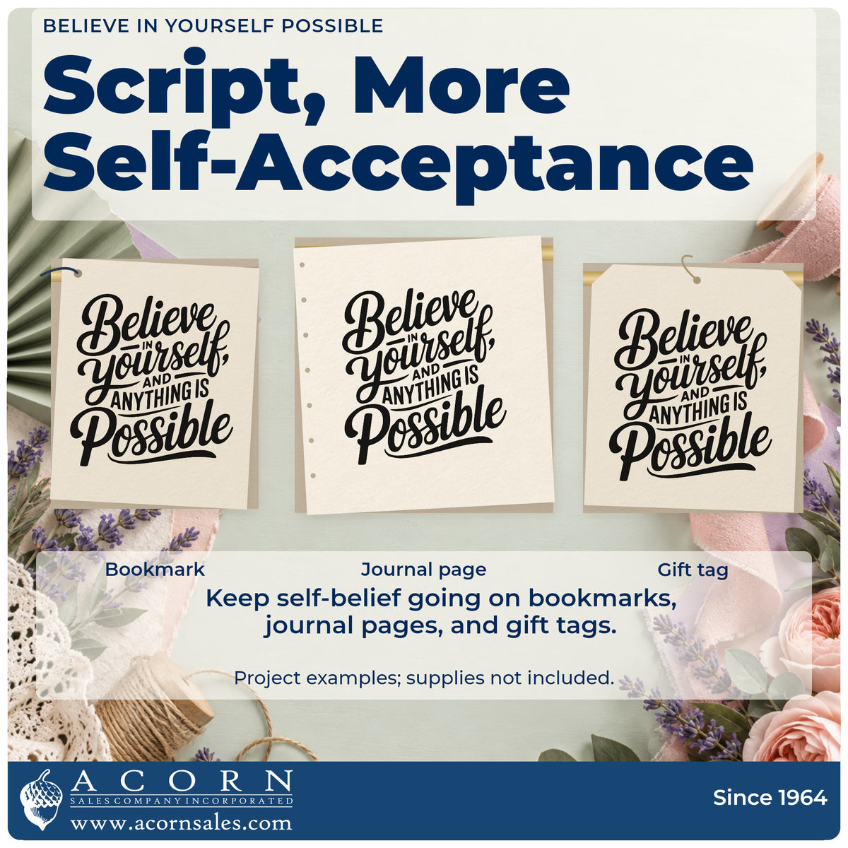 Three project examples made with the Believe In Yourself Possible Rubber Stamp – Duo Hand, including joint practice sheet.