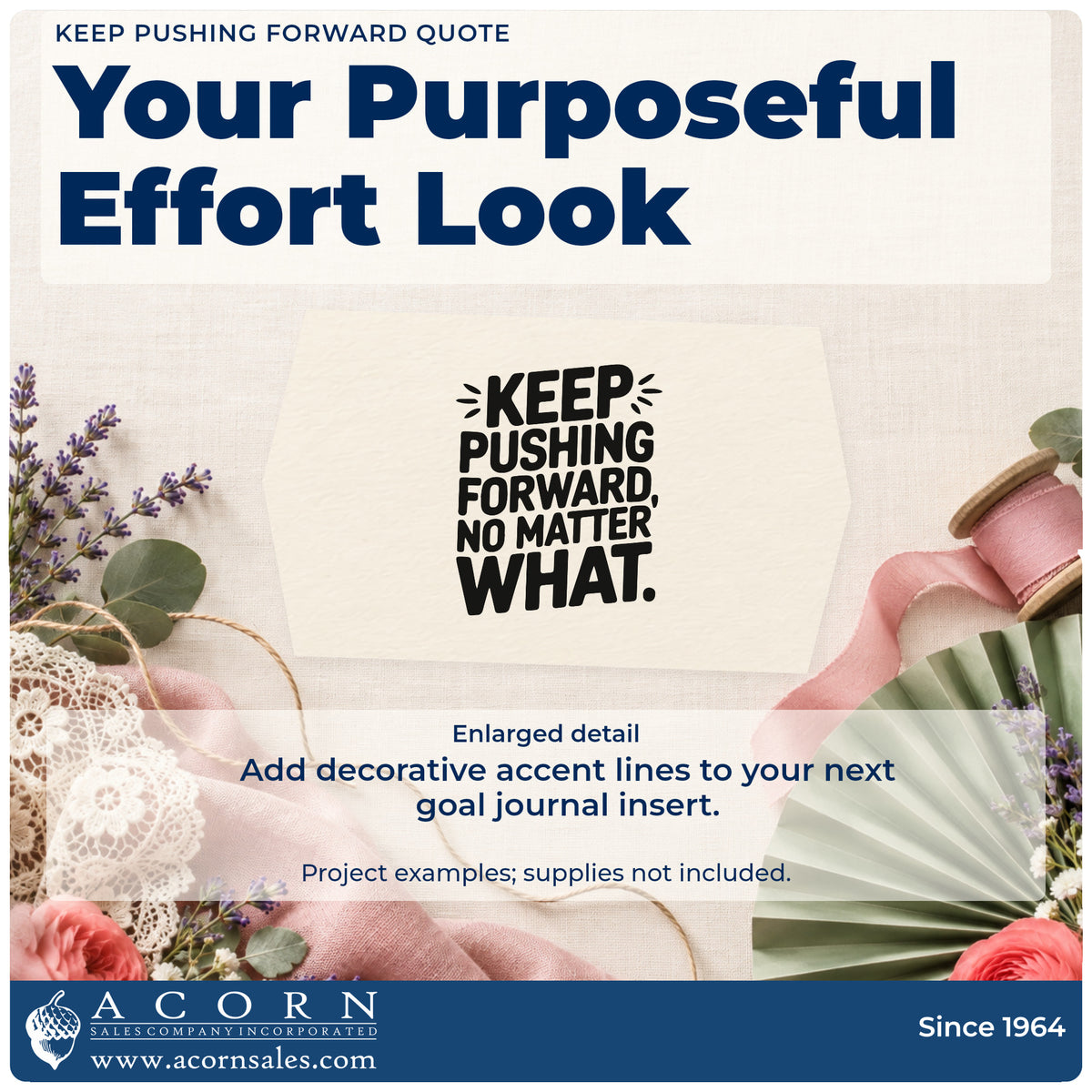 Enlarged detail of the Keep Pushing Forward No Matter What PSI Pre-Inked Stamp imprint. KEEP PUSHING FORWARD NO MATTER WHAT appears in bold capitals with small accent strokes.