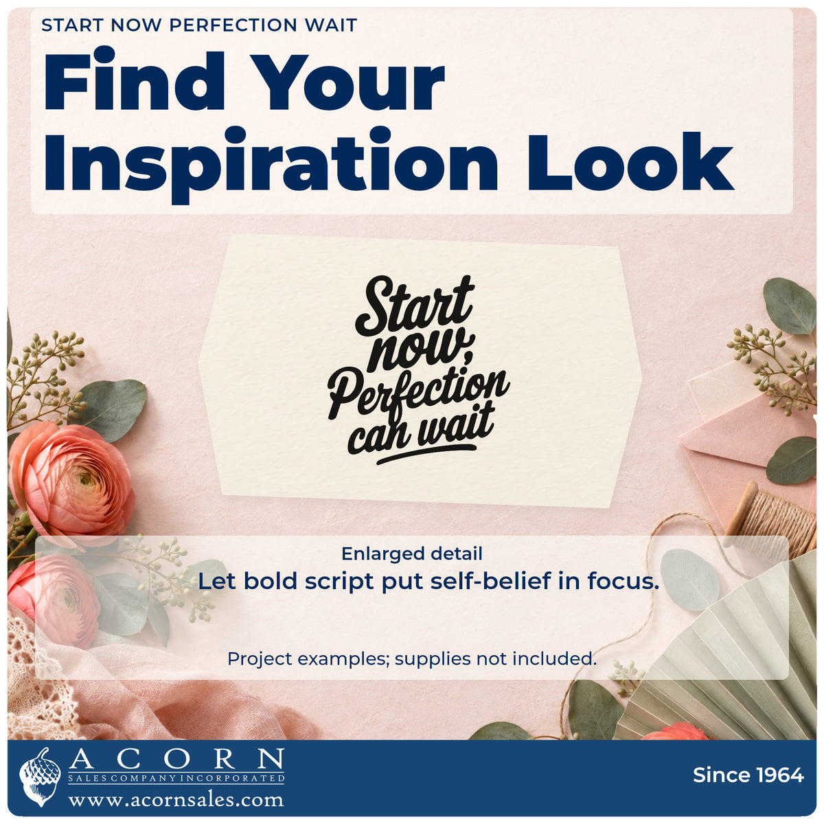 Enlarged detail of the Start Now Perfection Can Wait Pre-Inked Stamp – Slim imprint. Start now Perfection can wait appears in stacked bold script.