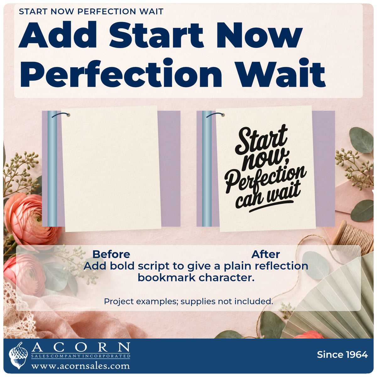 Before and after of a plain item finished with the Start Now Perfection Can Wait Hand Stamp – Duo, a quick upgrade for framed copy corner.