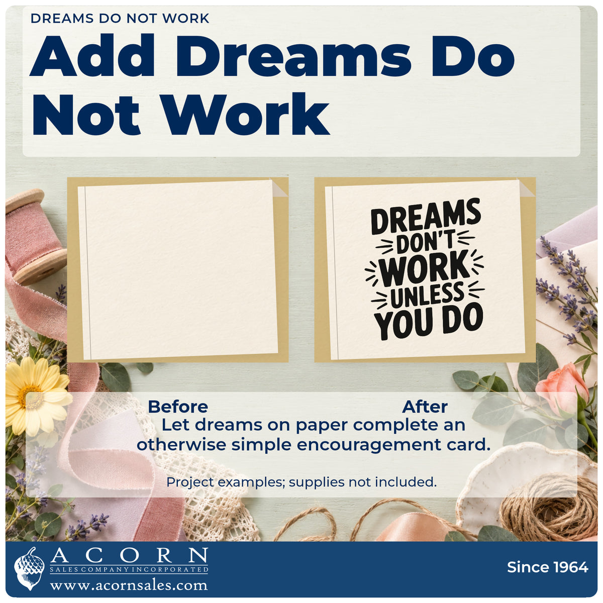 Before and after of a plain item finished with the Dreams Don't Work Unless You Do Block Lettering Duo Hand Stamp, a quick upgrade for framed shop bay.