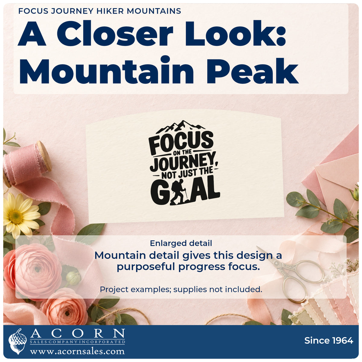 Enlarged detail of the Focus Journey Hiker Mountains Pre-Inked Stamp – PSI imprint. FOCUS ON THE JOURNEY NOT JUST THE GOAL appears with mountain peaks and a hiker silhouette.