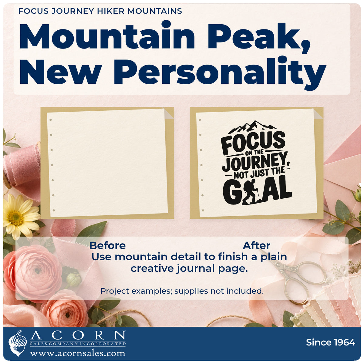 Before and after of a plain item finished with the Focus Journey Hiker Mountains Pre-Inked Stamp – PSI, a quick upgrade for framed hall corner.