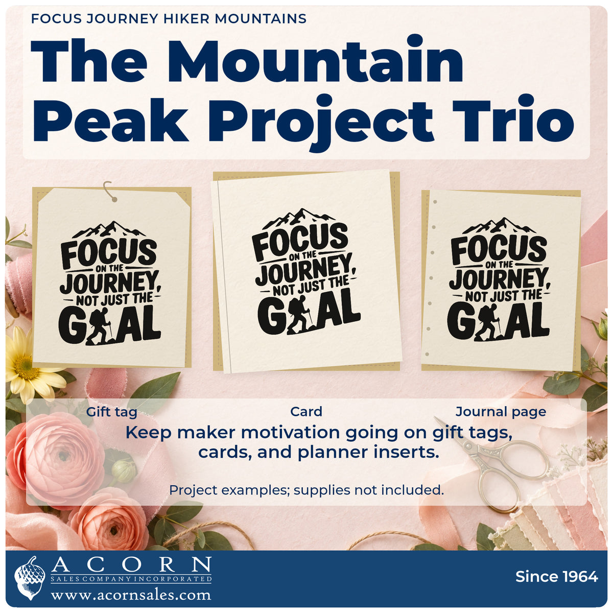 Three project examples made with the Focus Journey Hiker Mountains Pre-Inked Stamp – PSI, including stage plan sheet.