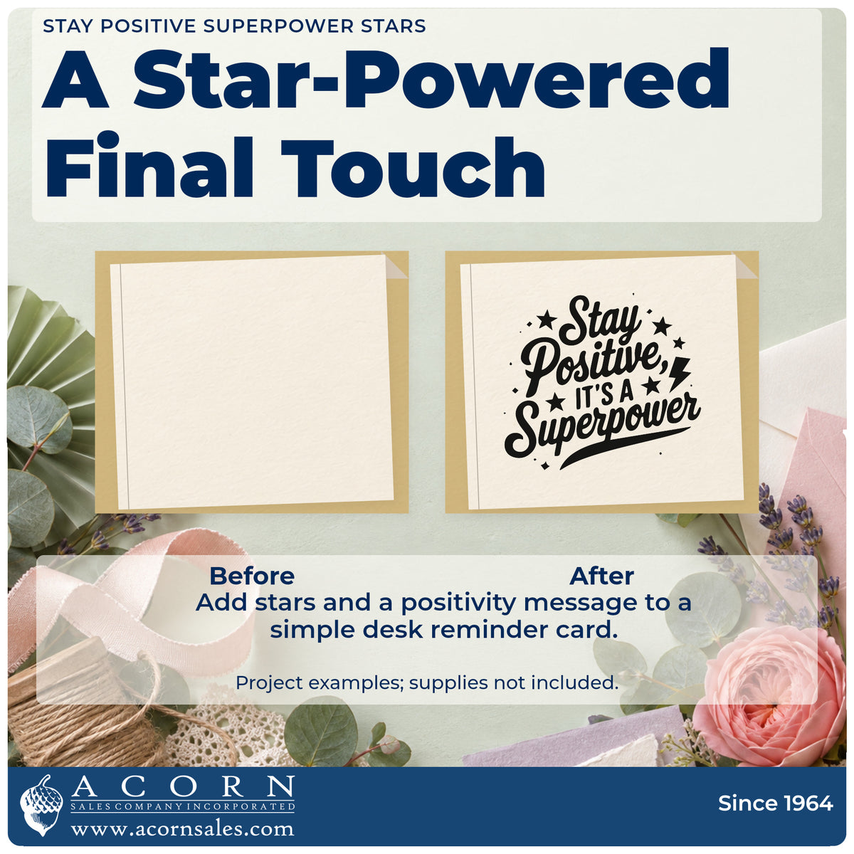 Before and after of a plain item finished with the Stay Positive Superpower Stars Rubber Stamp – Wood Handle, a quick upgrade for framed club room.