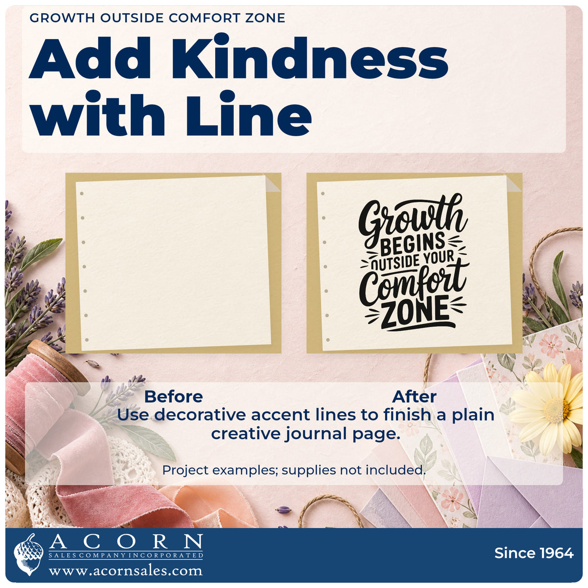 Before and after of a plain item finished with the Growth Begins Outside Your Comfort Zone Stamp – Self-Inking, a quick upgrade for framed studio corner.