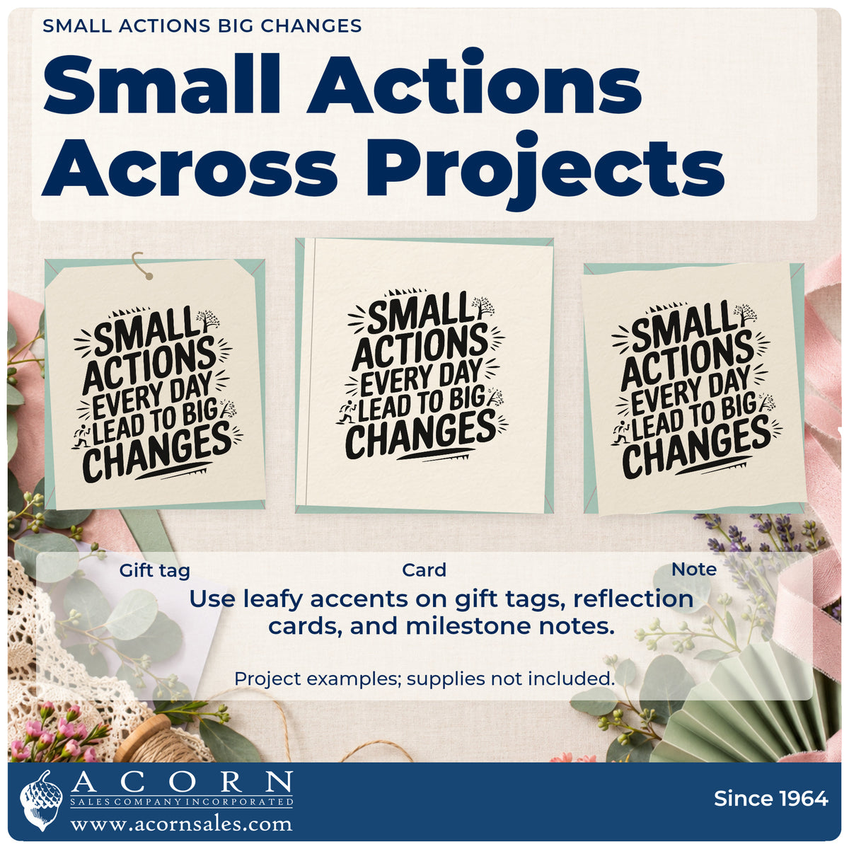 Three project examples made with the Duo Hand Small Actions Big Changes Rubber Stamp, including weekly learn sheet.