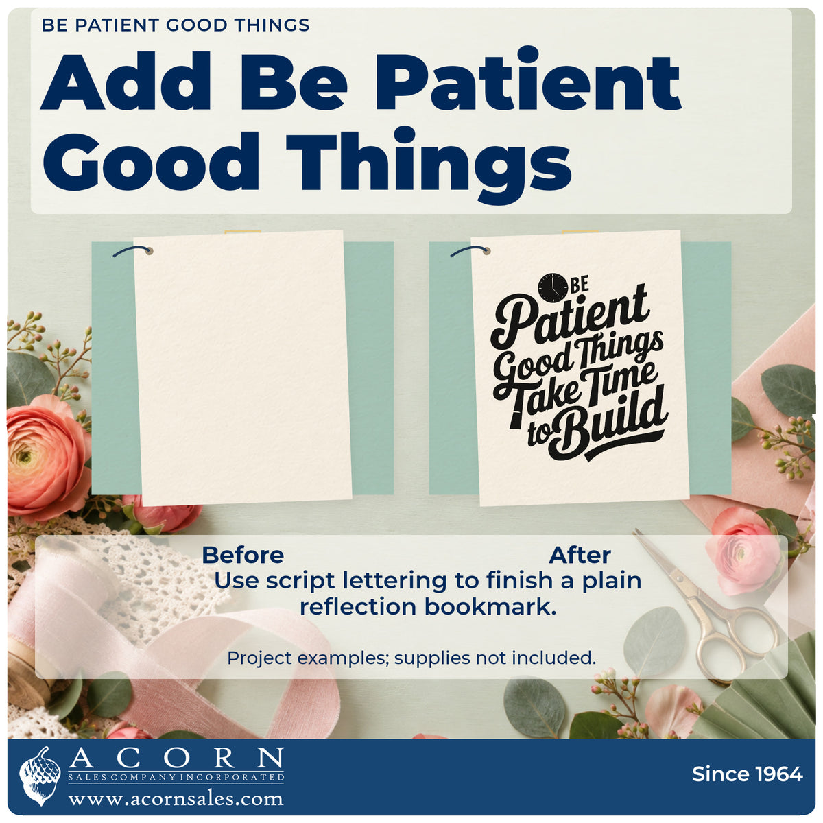 Before and after of a plain item finished with the Be Patient Good Things Take Time To Build Stamp – Slim Pre-Inked, a quick upgrade for framed hobby table.
