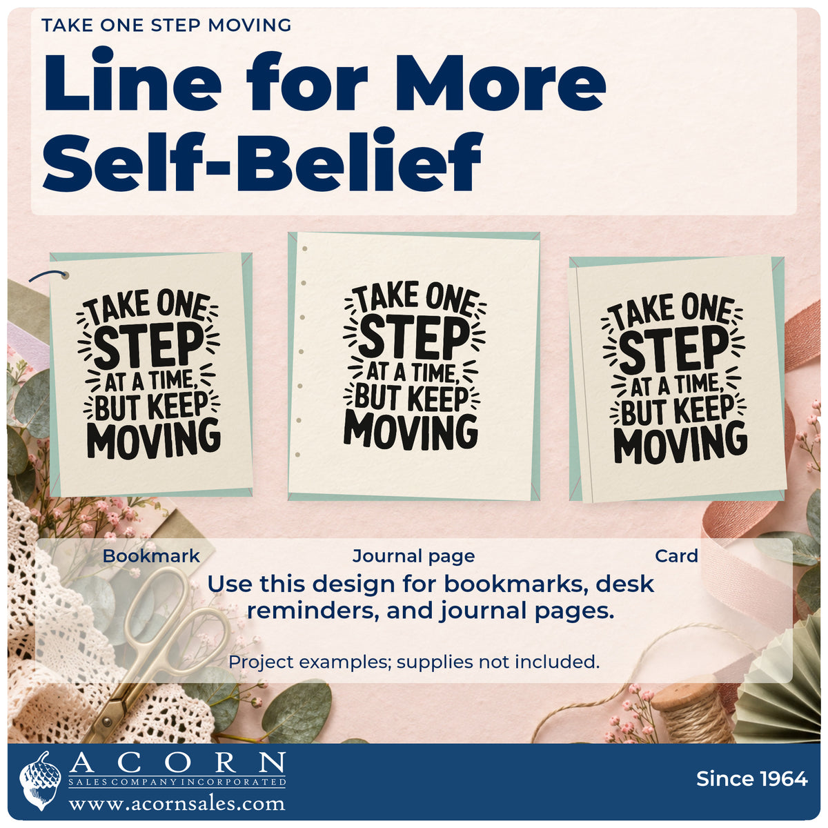 Three project examples made with the Take One Step Moving Self-Inking Stamp, including session plan sheet.