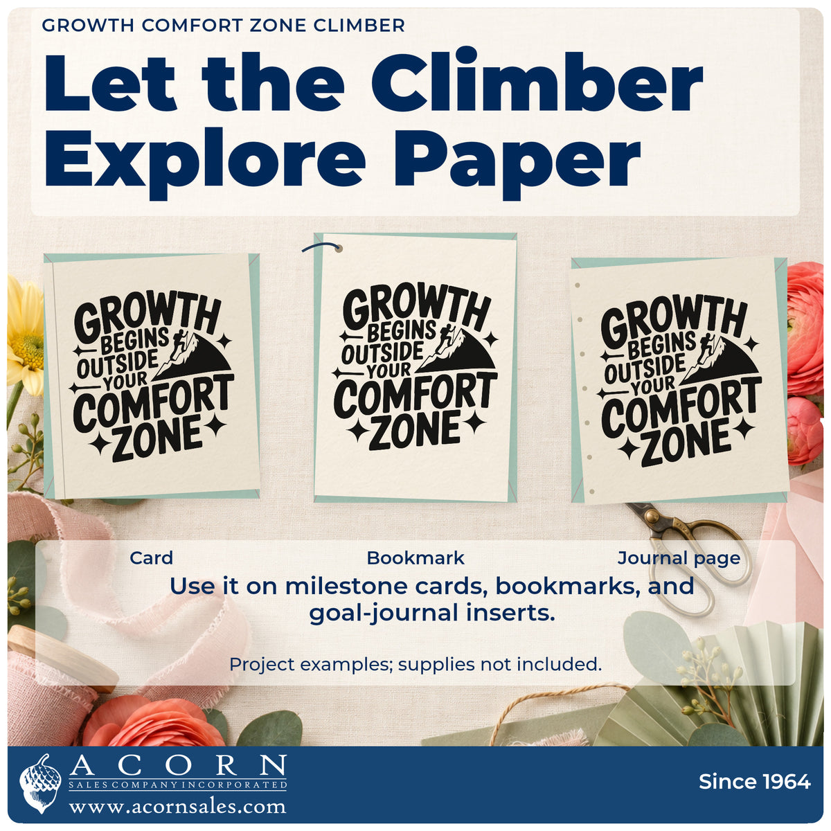 Three project examples made with the Pre-Inked Growth Comfort Zone Climber Mountains Stamp – PSI, including gear check sheet.
